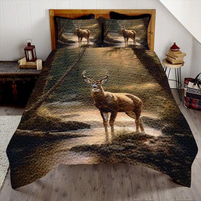 Customized Deer Quilt - Deer Country Quilts Queen Size - Deer Bedding, Camo Bedding Sets King, Deer Bear Comforter King 3 Pieces All Seasons Vintage Deer Hunting Quilt for Boys Men Hunter Bedroom