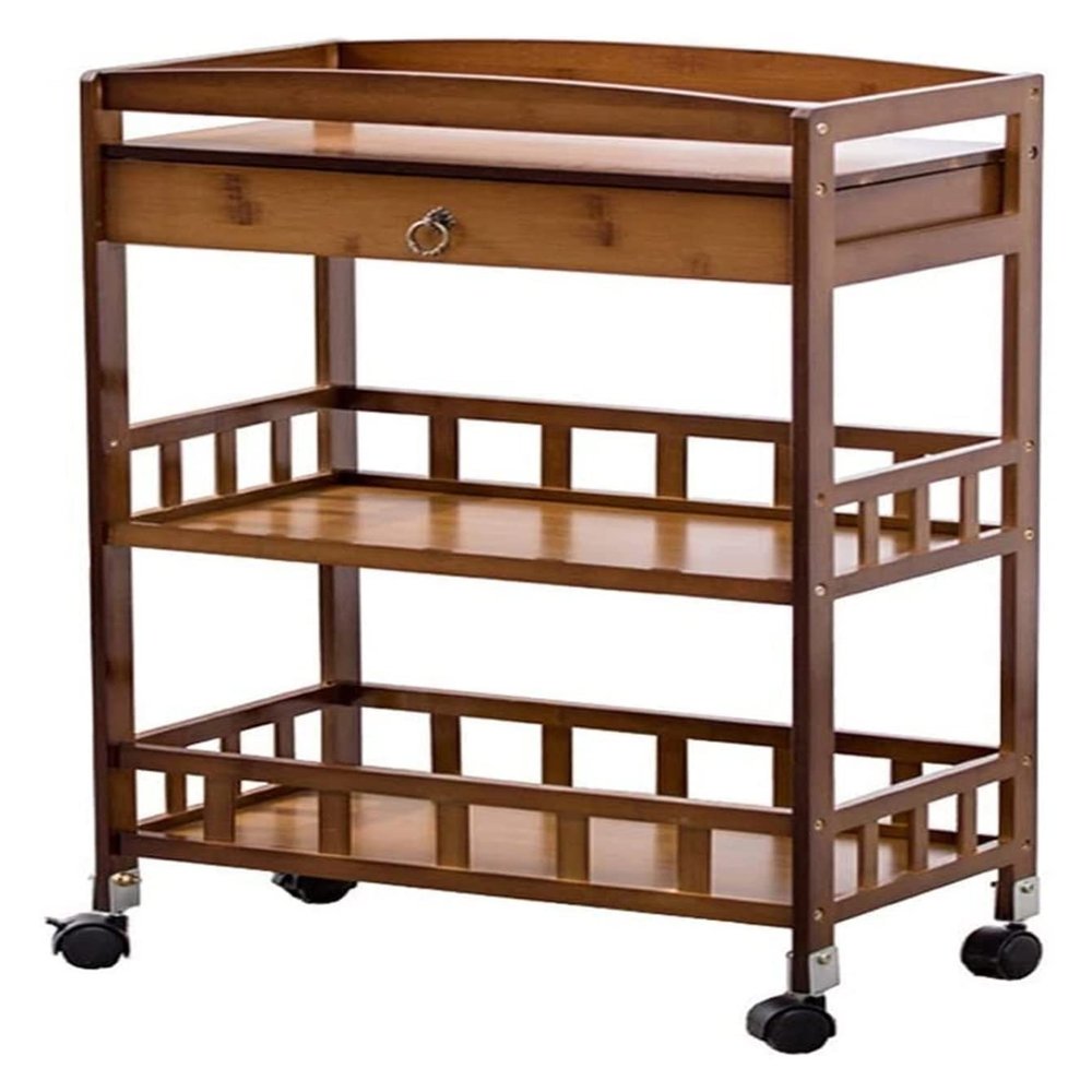 KEPIUAAF Bar Cart, Home Bar Hotel Serving Cart Wine Cart - Kitchen Bar Cart on Wheels, Industrial Style Wood Rolling Serving Bar Cart,3 Layers Storage Fence Design with Drawer