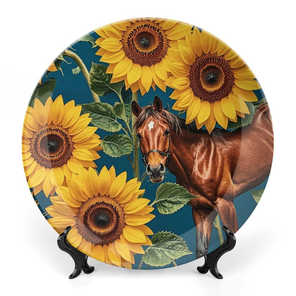 Decorative Tray with Display Stand Brown Horse Sunflower Yellow Flower Printed Bone China Collections Plate Bone China Ornament for Home and Office Wall Decor