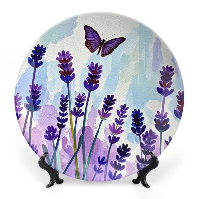 Decorative Tray with Display Stand Watercolor Lavender Butterfly Printed Bone China Collections Plate Bone China Ornament for Home and Office Wall Decor