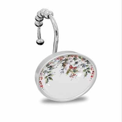 Christmas 12PCS Shower Curtain Hooks Rings, Winter Plant Pine Cone Berry Decorative Shower Curtain Hooks for Bathroom Stainless Steel Rustproof Shower Curtain Rings