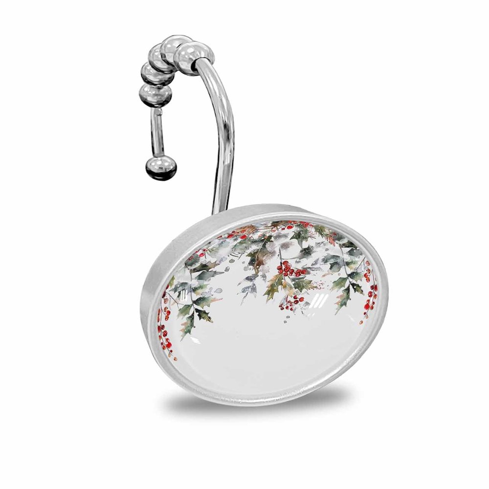 Christmas 12PCS Shower Curtain Hooks Rings, Winter Plant Pine Cone Berry Decorative Shower Curtain Hooks for Bathroom Stainless Steel Rustproof Shower Curtain Rings