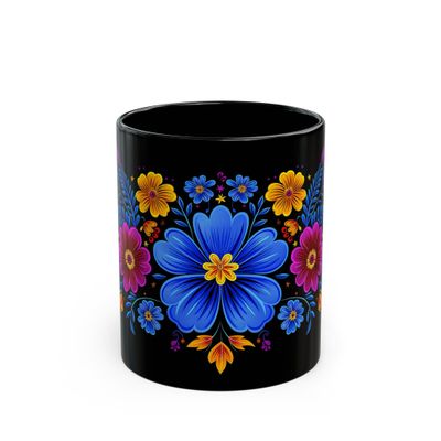 ElegantlySimple - Made in the USA - Coffee Mug, Ukrainian Folk Art Petrikivka Blue & Yellow Flowers