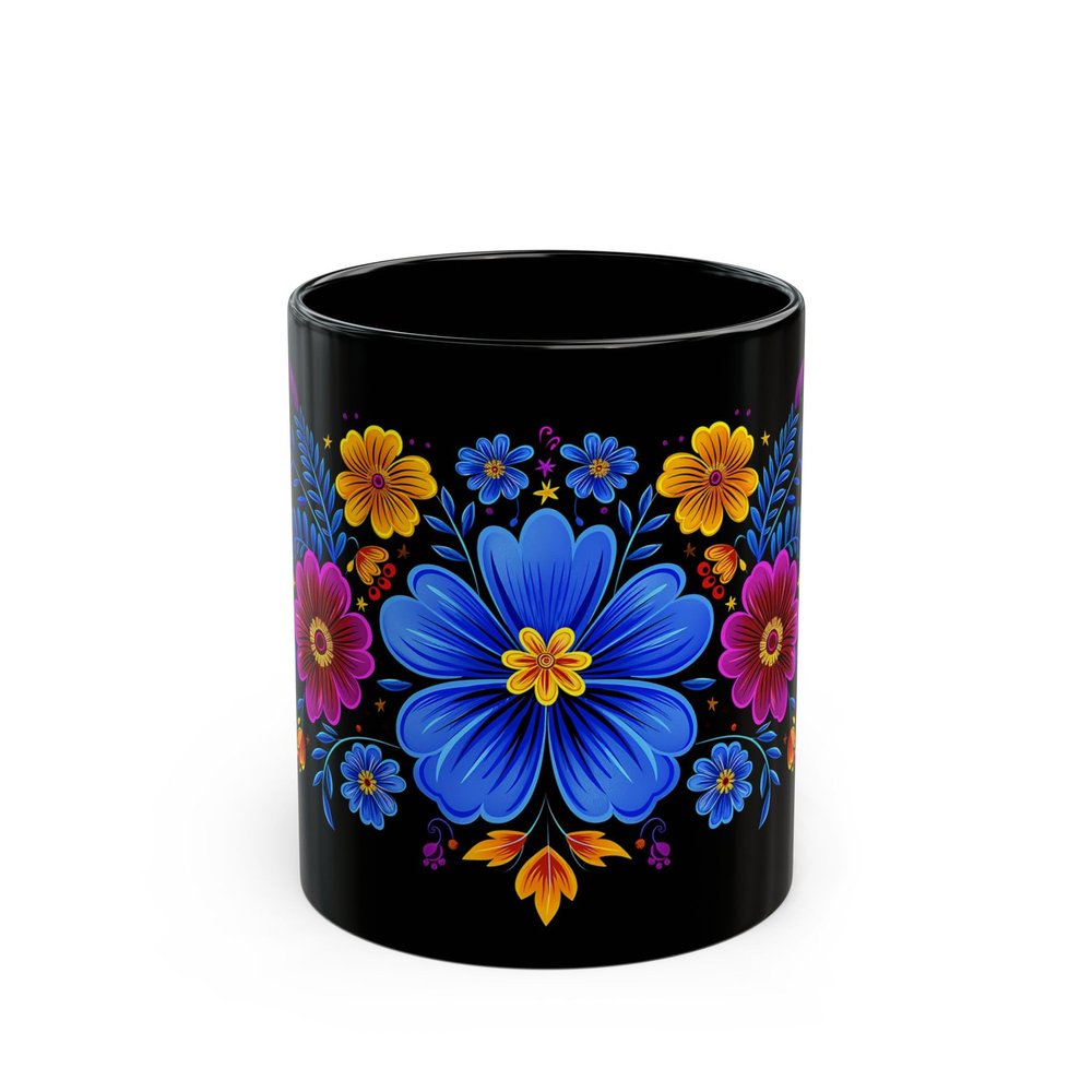 ElegantlySimple - Made in the USA - Coffee Mug, Ukrainian Folk Art Petrikivka Blue & Yellow Flowers