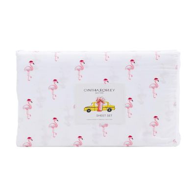 Cynthia Rowley New York Christmas Winter Sheet Set (Santa Flamingos, Queen)
