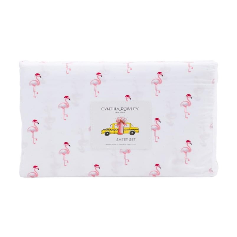 Cynthia Rowley New York Christmas Winter Sheet Set (Santa Flamingos, Queen)