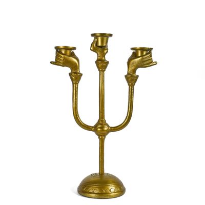 Victorian Hands Cast Metal 3-Candle Candelabra, Antique Gold Finish