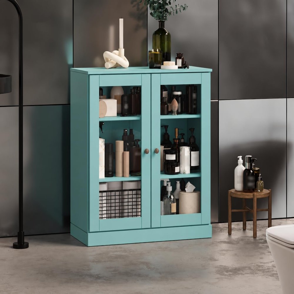Palace Imports 100% Solid Wood Bathroom Cabinet, Clear Glass Doors, 32" w x 35.75" h x 15.5" d, Renewable Eco-Friendly Wood, Made in Brazil (Aqua, 2 Dr Glass)