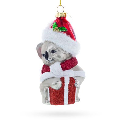 Festive Koala with Present Blown Glass Christmas Ornament