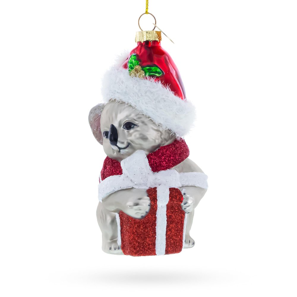 Festive Koala with Present Blown Glass Christmas Ornament