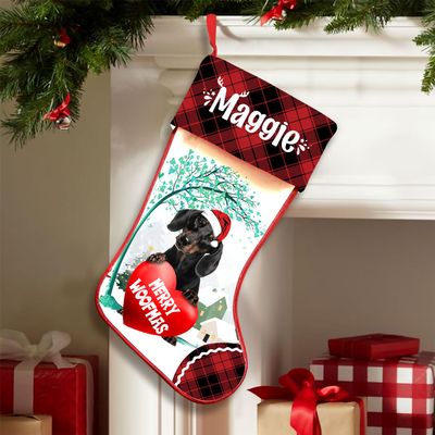 Famitrendz Personalized Dachshund 2 Stockings Christmas, Custom Dog Hold Red Heart Under Tree Stocking with Name, Christmas Stockings for Pet Lover, Funny Gifts for Dog Mom Dogs Dad