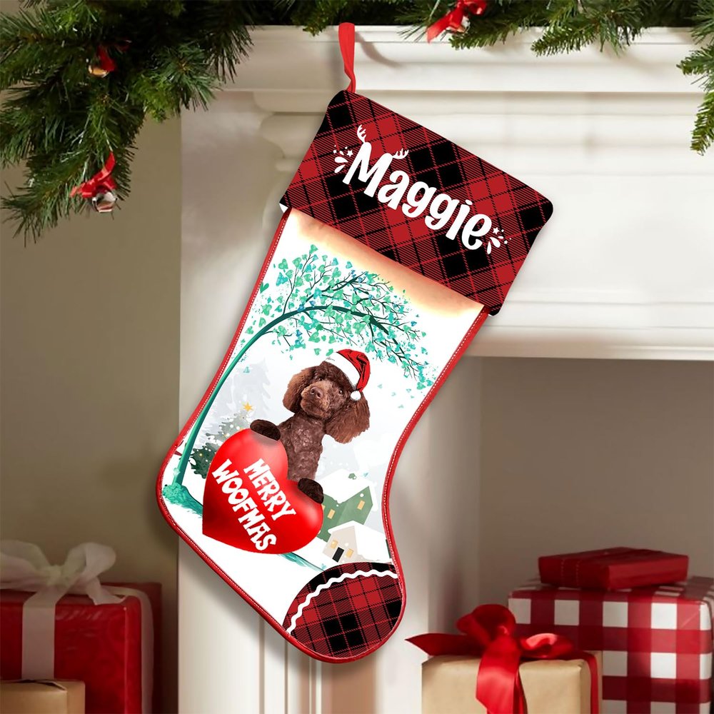 Famitrendz Personalized Miniature Poodle 2 Stockings Christmas, Custom Dog Hold Red Heart Under Tree Stocking with Name, Christmas Stockings for Pet Lover, Funny Gifts for Dog Mom Dogs Dad