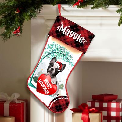 Famitrendz Personalized French Bulldog 5 Stockings Christmas, Custom Dog Hold Red Heart Under Tree Stocking with Name, Christmas Stockings for Pet Lover, Funny Gifts for Dog Mom Dogs Dad
