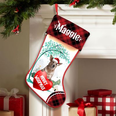 Famitrendz Personalized Heeler Stockings Christmas, Custom Dog Hold Red Heart Under Tree Stocking with Name, Christmas Stockings for Pet Lover, Funny Gifts for Dog Mom Dogs Dad
