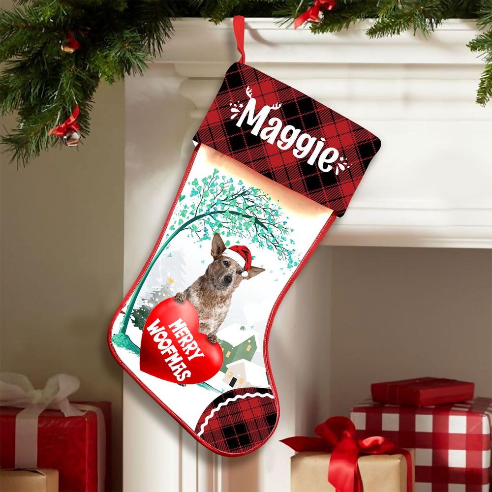 Famitrendz Personalized Heeler Stockings Christmas, Custom Dog Hold Red Heart Under Tree Stocking with Name, Christmas Stockings for Pet Lover, Funny Gifts for Dog Mom Dogs Dad