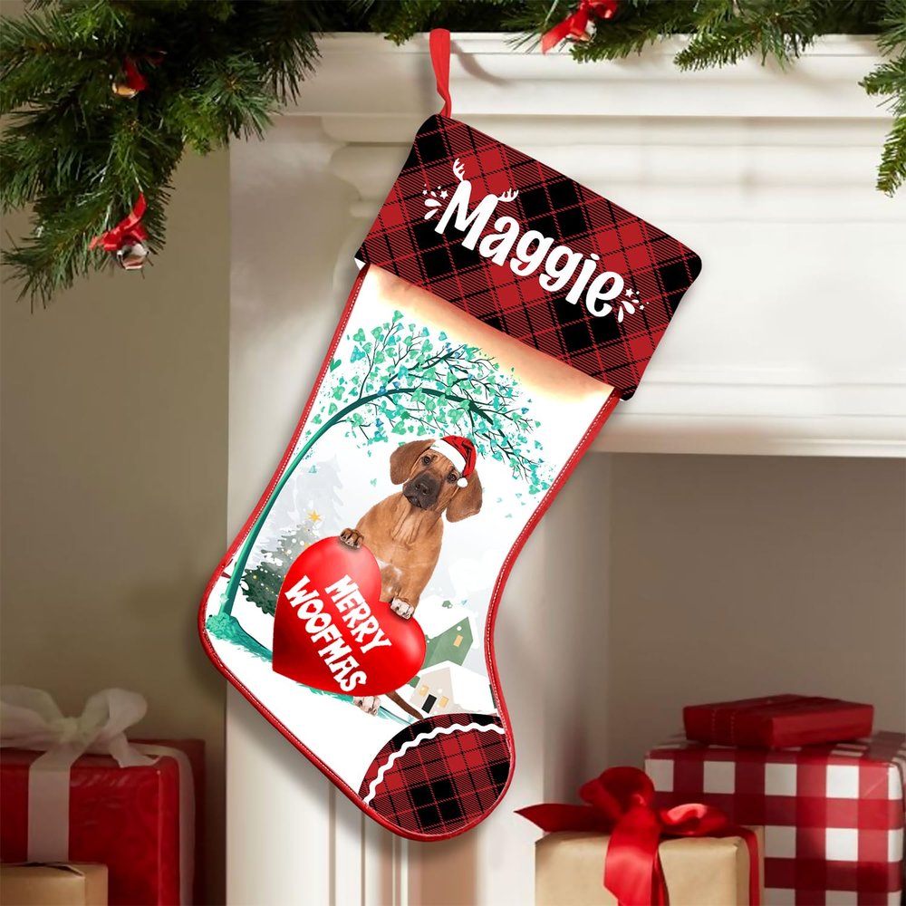 Famitrendz Personalized Rhodesian Ridgeback Stockings Christmas, Custom Dog Hold Red Heart Under Tree Stocking with Name, Christmas Stockings for Pet Lover, Funny Gifts for Dog Mom Dogs Dad