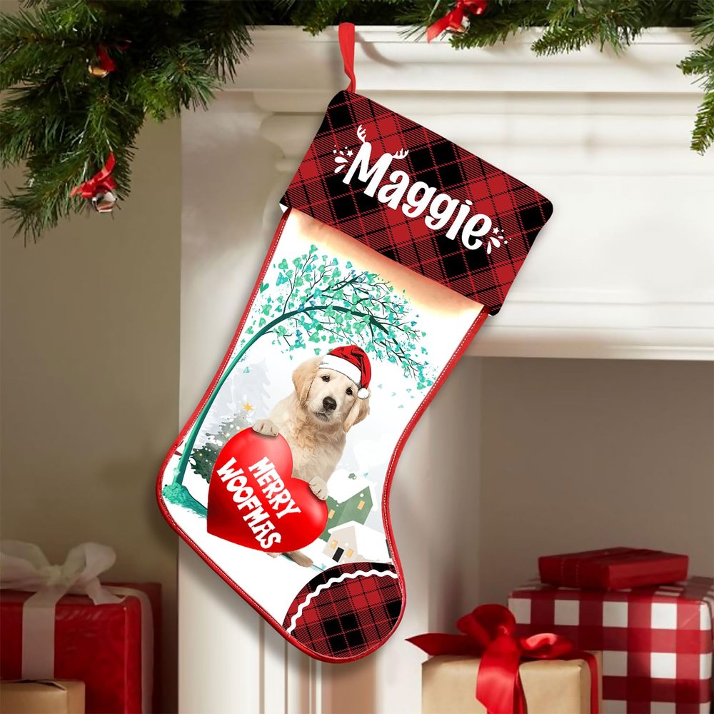 Famitrendz Personalized Goldendoodle 1 Stockings Christmas, Custom Dog Hold Red Heart Under Tree Stocking with Name, Christmas Stockings for Pet Lover, Funny Gifts for Dog Mom Dogs Dad