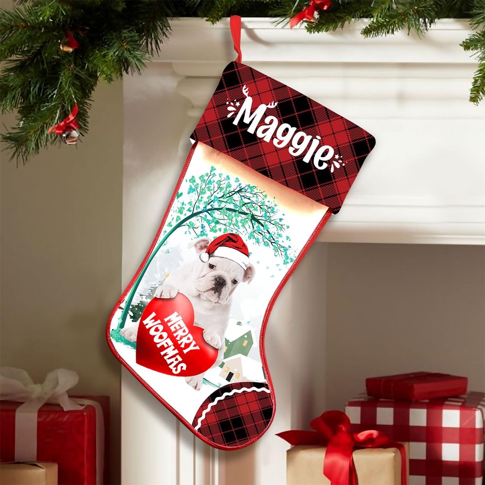 Famitrendz Personalized English Bulldog 2 Stockings Christmas, Custom Dog Hold Red Heart Under Tree Stocking with Name, Christmas Stockings for Pet Lover, Funny Gifts for Dog Mom Dogs Dad