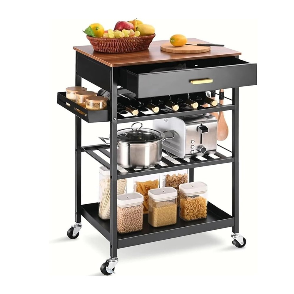 yanzhuen001 Kitchen Mobile Shelf, Kitchen Island Cart with Drawer, Rolling Kitchen Service Cart with Wooden Tabletop, 3-Tier Storage Cart on Wheels, with Hooks,Cart