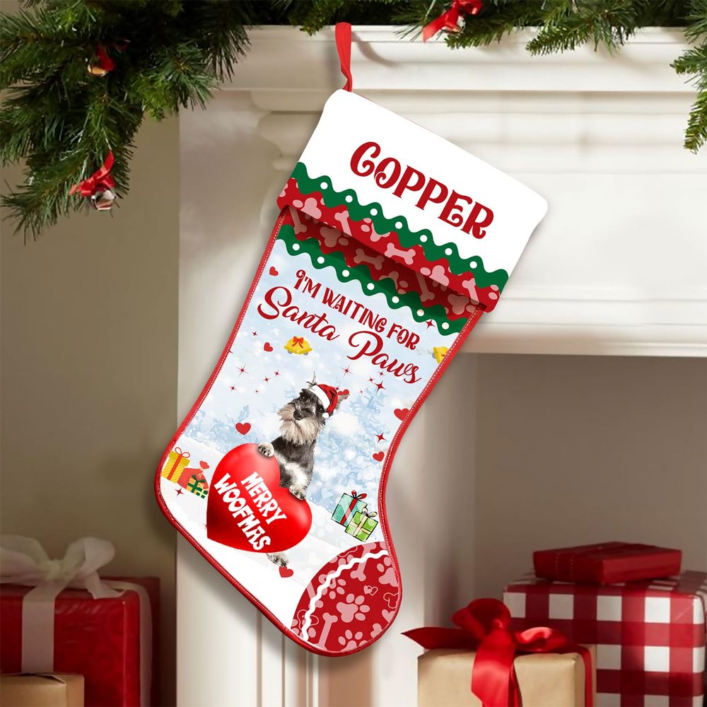 Love Signal Personalized Schnauzer Christmas Stocking, I'm Waiting for Santa Paws, Custom Pet Lover Stocking, Funny Gifts for Dog Mom and Dad
