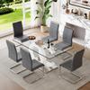 63'' Glass Dining Table Set for 6, Kitchen Table Chairs Set of 6, Clear Glass Dining Table with White unique design Leg and Silver Metal Base, 6 PU Dining Chairs with Metal Legs, Living Room, Kitchen. view 1