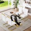 63'' Glass Dining Table Set for 4, Kitchen Table Chairs Set of 4, Clear Glass Dining Table with Black unique design Leg and Gold Metal Base, 4 PU Dining Chairs with Metal Legs, Living Room, Kitchen. view 1