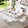 63'' Glass Dining Table Set for 6, Kitchen Table Chairs Set of 6, Clear Glass Dining Table with White unique design Leg and Silver Metal Base, 6 PU Dining Chairs with Metal Legs, Living Room, Kitchen. view 1