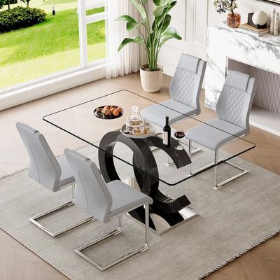 63'' Glass Dining Table Set for 4, Kitchen Table Chairs Set of 4, Clear Glass Dining Table with Black unique design Leg and Silver Metal Base, 4 PU Dining Chairs with Metal Legs, Living Room, Kitchen.
