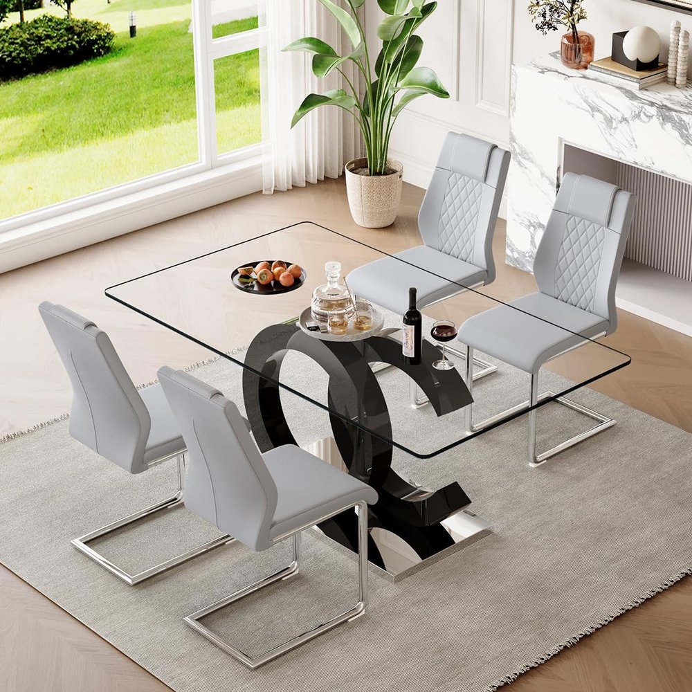 63'' Glass Dining Table Set for 4, Kitchen Table Chairs Set of 4, Clear Glass Dining Table with Black unique design Leg and Silver Metal Base, 4 PU Dining Chairs with Metal Legs, Living Room, Kitchen.