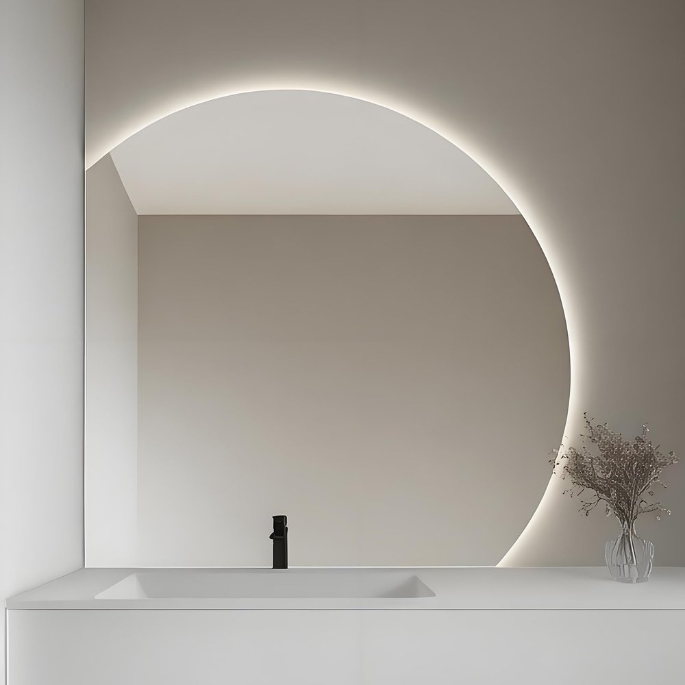 InnoMirroK Modern Bathroom Mirror, Half Moon Anti-Fog Makeup Mirror, Intelligent LED Wall Mirror, 3-Color Lighting, Explosion-Proof, Touch Switch, 3636inch(Left Under Cut,110cm/43)