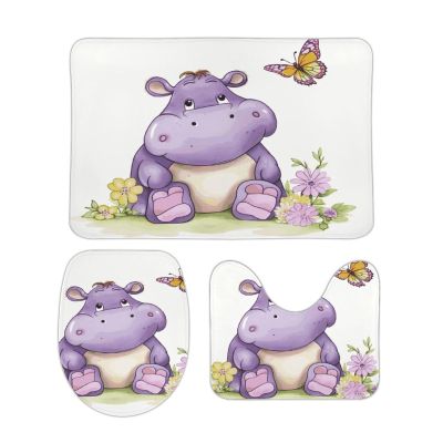 Bathroom Rug Butterfly and Hippo 3 Pieces Bathroom Rugs Bath Set Non-Slip Ultra Soft Carpet Mats Absorbent with U-Shaped Toilet for Toilet Bath Mat Set