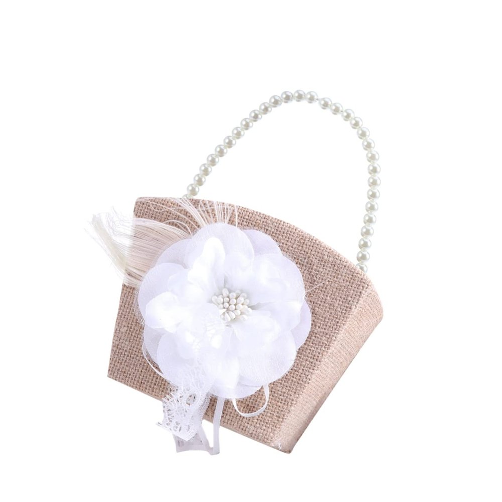 COLLBATH Wedding Flower Basket Burlap and Pearl Embellished Flower Girls Basket Bridal Shower Decor