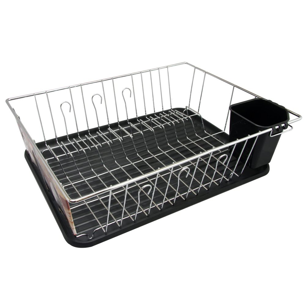 16 Inch Chrome Dish Rack with Black Draining Tray
