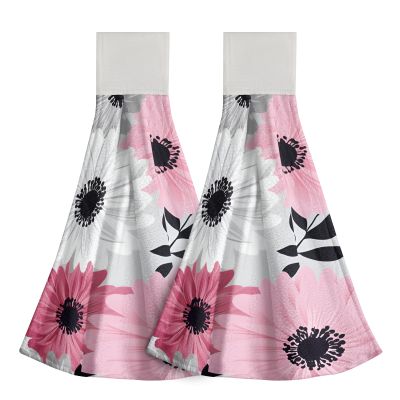 Giwawa Daisy Flower Hanging Hand Towels - Pink Floral Abstract Tie Towel Set with Loop for Kitchen Bathroom Gray