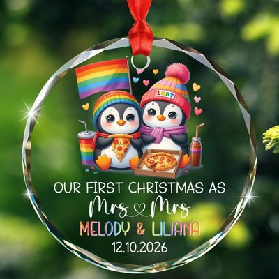 Lesbian Pride Mrs & Mrs Glass Xmas Ornament 2026, Personalized Our First Christmas As Mrs & Mrs Penguin Ornaments, Customized Names Mrs Mrs Xmas Ornament, Couple Lesbian Penguin Married Ornaments