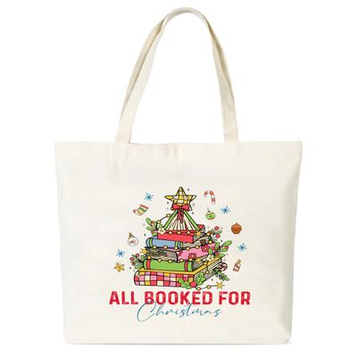 seclate Christmas Canvas Tote Bags for Women, Aesthetic Christmas Books Tote Bag, 13.8x16.5 Reusable Grocery Shopping Bag, Xmas New Year Gifts Party Decor-L04
