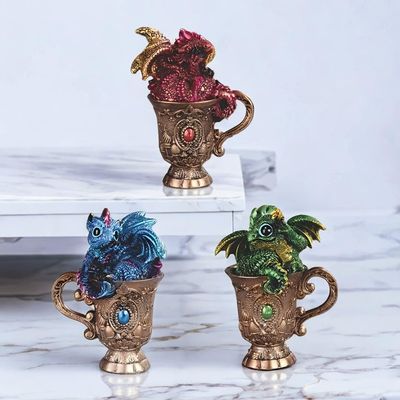 ICE ARMOR Hand Painted 3-PC Set 4" H Dragon on Cup Fugurine Statue Sculpture Ornament Decoration Home/Room Decor Ideas for Housewarming, Holidays and Birthdays Great Collectible