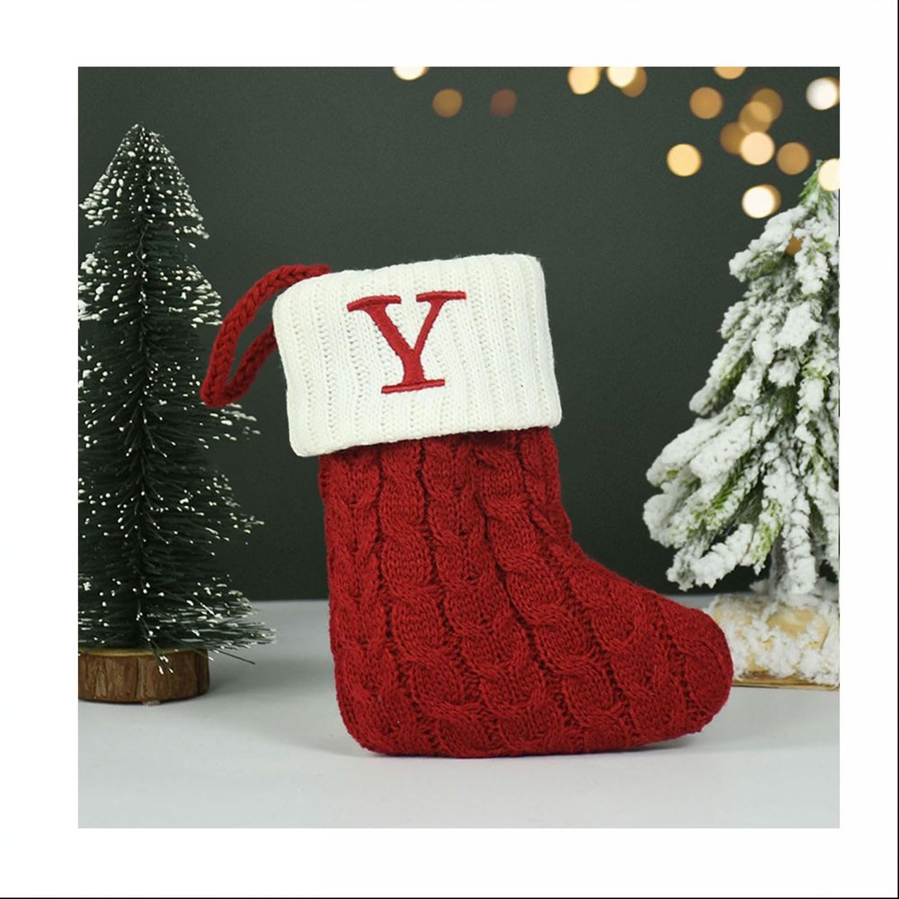 HIENAJ Christmas Stockings with Initials, 7.1 Inches Small Embroidered Letter Knit Red White Christmas Stocking for Family Holiday Decorations and Xmas Tree Fireplace (Y)
