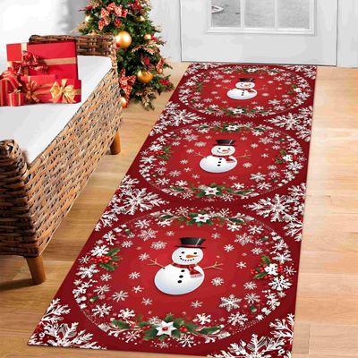 YHUERC Christmas Snowman Corridor Rug, 2.6x7ft Red Long Strip Carpet, Snowflake Runway Carpet, Christmas Kitchen Decoration Rug, Washable Non-Slip Mat, for Living Room Corridor Bedroom Laundry Room.