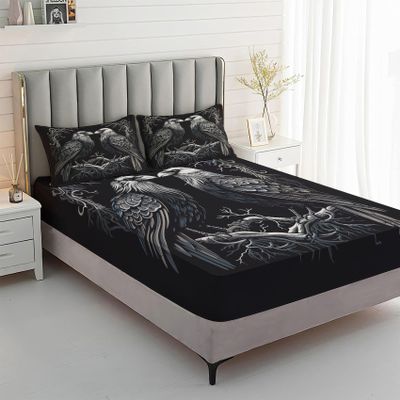 Xyzdorv Viking Crow Sheet Set Queen Size, Mystical Rune Bed Sheets, Norse Mythology Aesthetic Bedding 4 Piece for Bedroom Decor - 16 Inch Deep Pocket, Super Soft Microfiber & Wrinkle Free