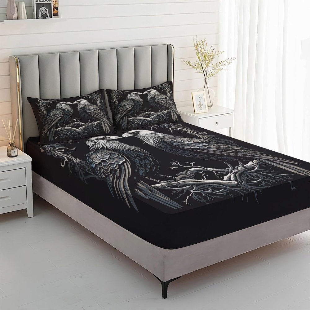Xyzdorv Viking Crow Sheet Set Queen Size, Mystical Rune Bed Sheets, Norse Mythology Aesthetic Bedding 4 Piece for Bedroom Decor - 16 Inch Deep Pocket, Super Soft Microfiber & Wrinkle Free