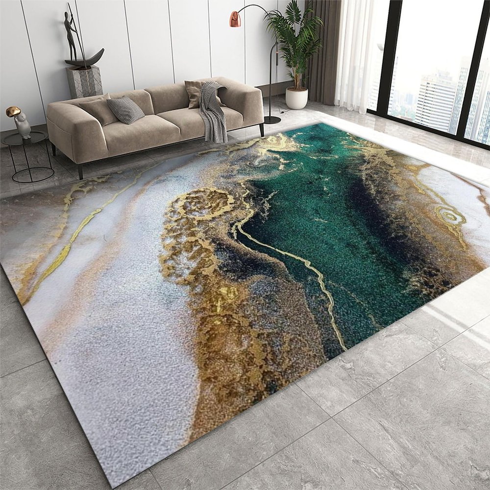 2x4 Runner Rugs Modern Luxury Emerald Green Marble Fit Under Door Rugs for Entryway, Green and Gold Smudged Kitchen Runner Rug Soft Non Slip Washable for Sink Entryway Hallways Indoor