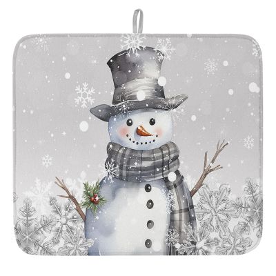 Christmas Dish Drying Mat for Kitchen Counter Snowman Snowflake Dry Mat Absorbent Dish Drainer Protector Pad Grey Dish Drainer Mat for Kitchen Countertop Tableware Decor,16x18 Inch