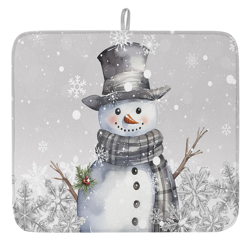 Christmas Dish Drying Mat for Kitchen Counter Snowman Snowflake Dry Mat Absorbent Dish Drainer Protector Pad Grey Dish Drainer Mat for Kitchen Countertop Tableware Decor,16x18 Inch