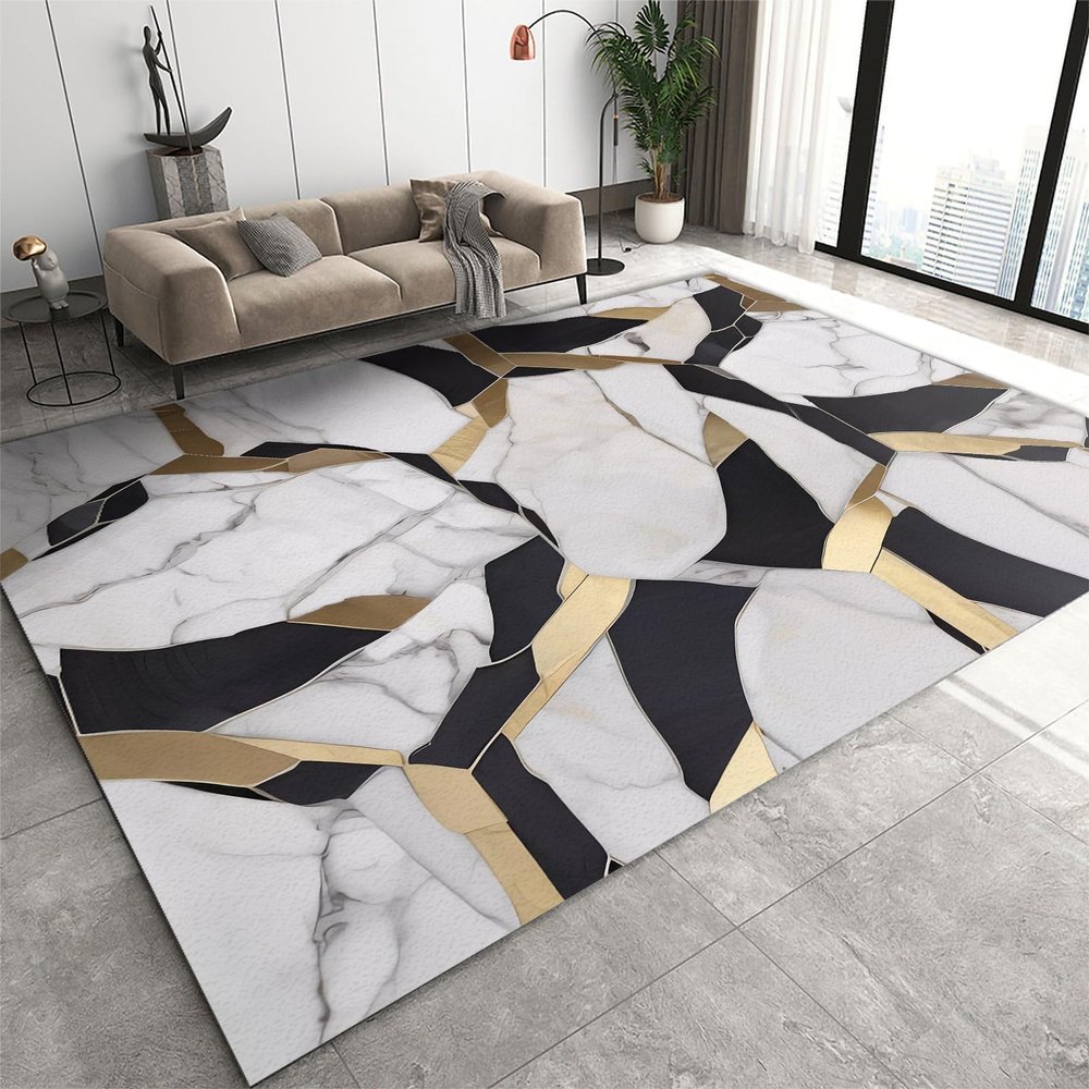 7x10 Large Area Rugs Black and Gold Geometry Area Rugs for Living Room, Modern Marble Modern Rug with Double Sided Carpet Tape for Bedroom Men Room Decor