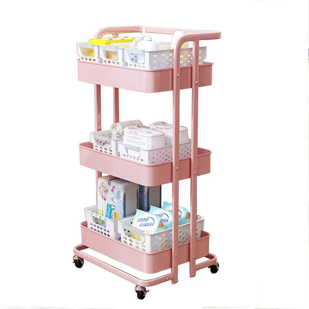CKKNILV Trolley Storage On Wheels,Kitchen 3 Tier Basket Rolling Cart Storage Rack,Multi-Functional Metal Rolling Utility Cart, Pink