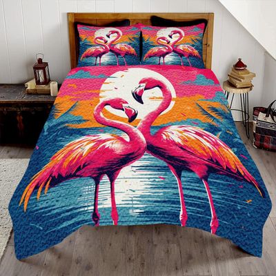HIGOTIT Flamingo Bedding Set, Pink Floral Quilt Bedspread, Soft Lightweight Microfiber Summer Quilt, Tropical Pattern, Gifts for Flamingo Lovers (FLA-DS02)