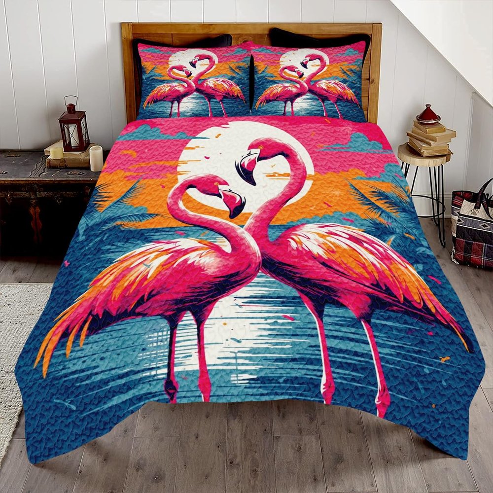 HIGOTIT Flamingo Bedding Set, Pink Floral Quilt Bedspread, Soft Lightweight Microfiber Summer Quilt, Tropical Pattern, Gifts for Flamingo Lovers (FLA-DS02)