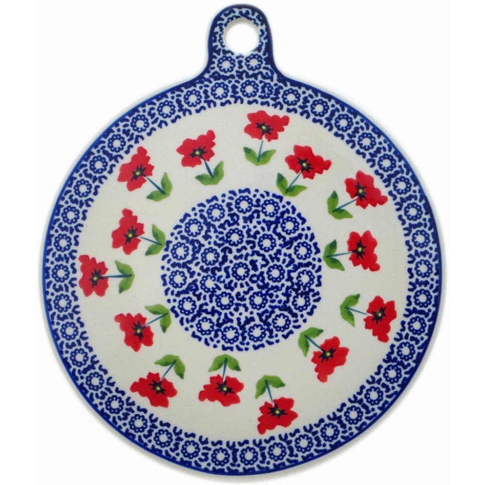 Polmedia Polish Pottery Cutting Board - Wind-Blown Poppies Pattern Handmade in Boleslawiec Poland + Certificate of Authenticity