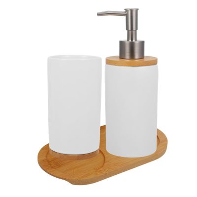 PRETYZOOM Vanity Countertop Accessories Ceramic Bamboo Set Toothbrush Holder Soap Dispenser Lotion Bottle